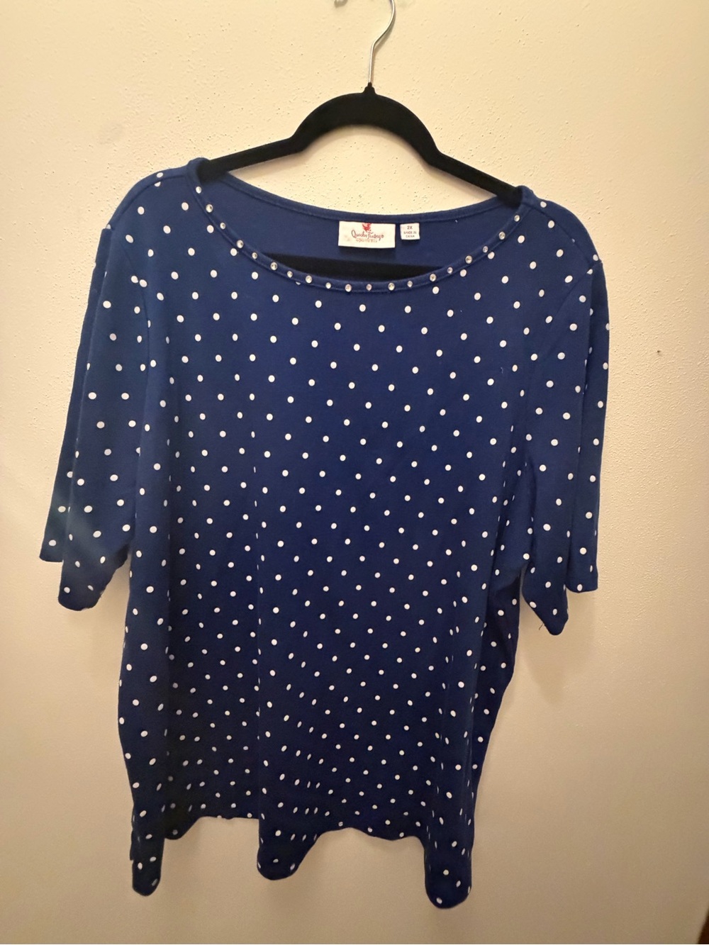 Quacker Factory Navy Blue Short-Sleeve Polka Dot Top